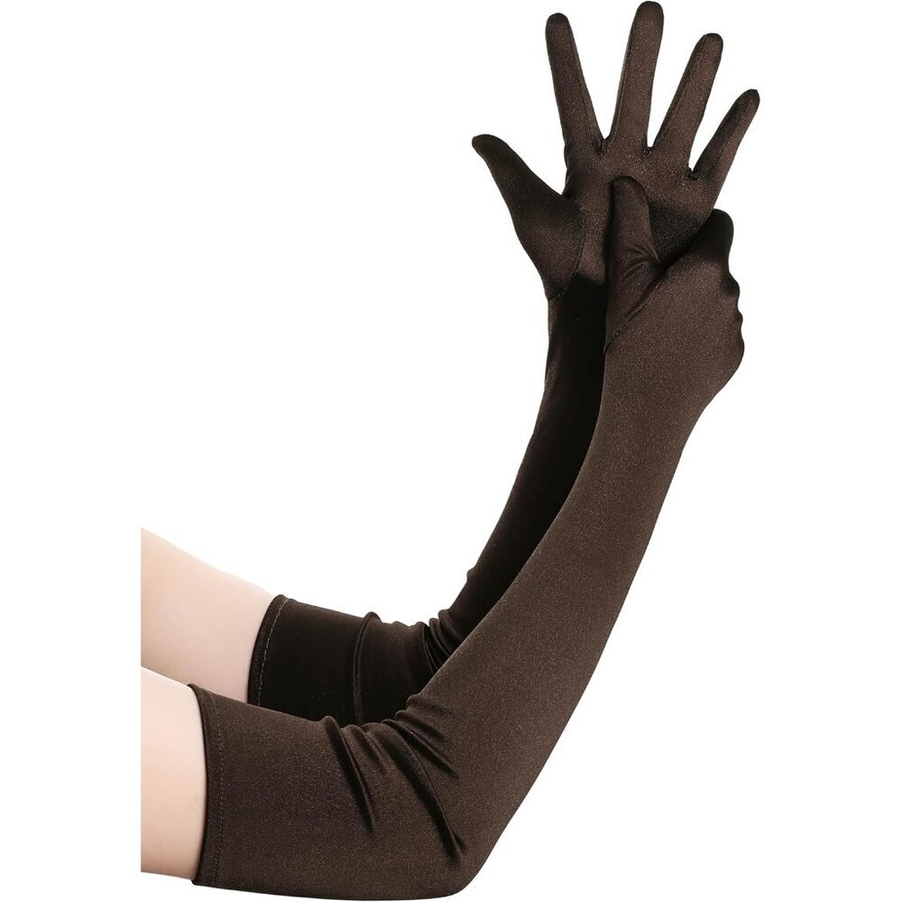 Women's Brown Vintage Satin Long Gloves Party Tea Costume Stretchy Elbow Length